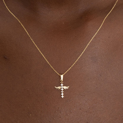 14k Solid Gold Angel Cross Pendant Necklace - JCarat