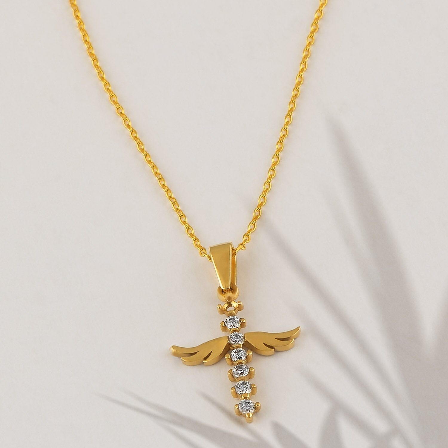 14k Solid Gold Angel Cross Pendant Necklace - JCarat