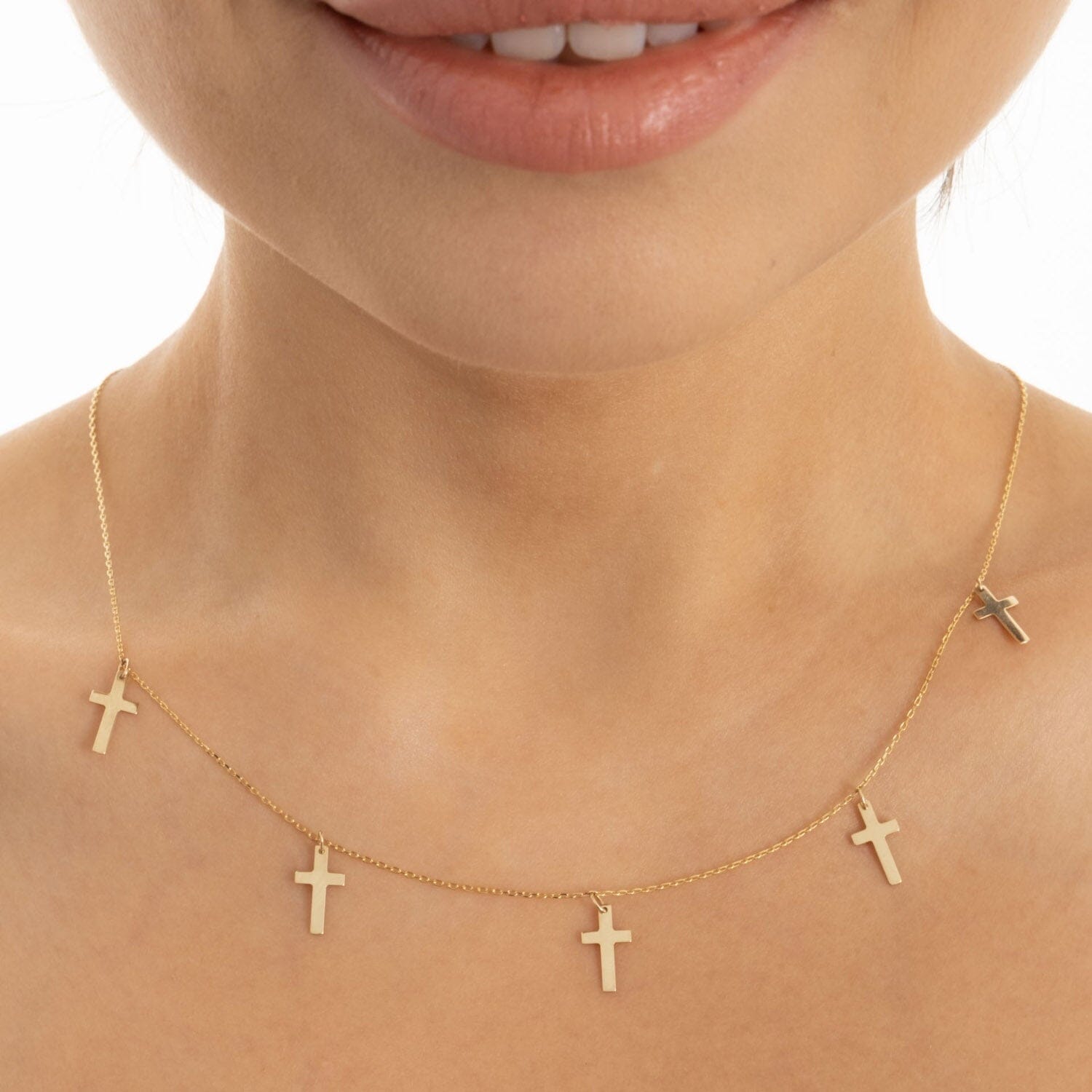 14k Solid Gold Cross Choker Station Pendant Necklace - JCarat