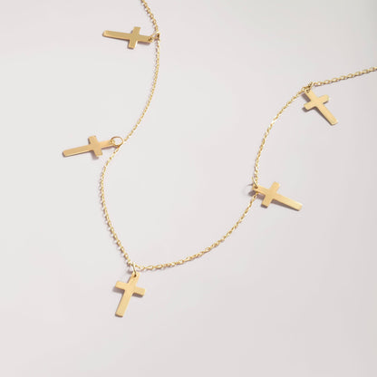 14k Solid Gold Cross Choker Station Pendant Necklace - JCarat