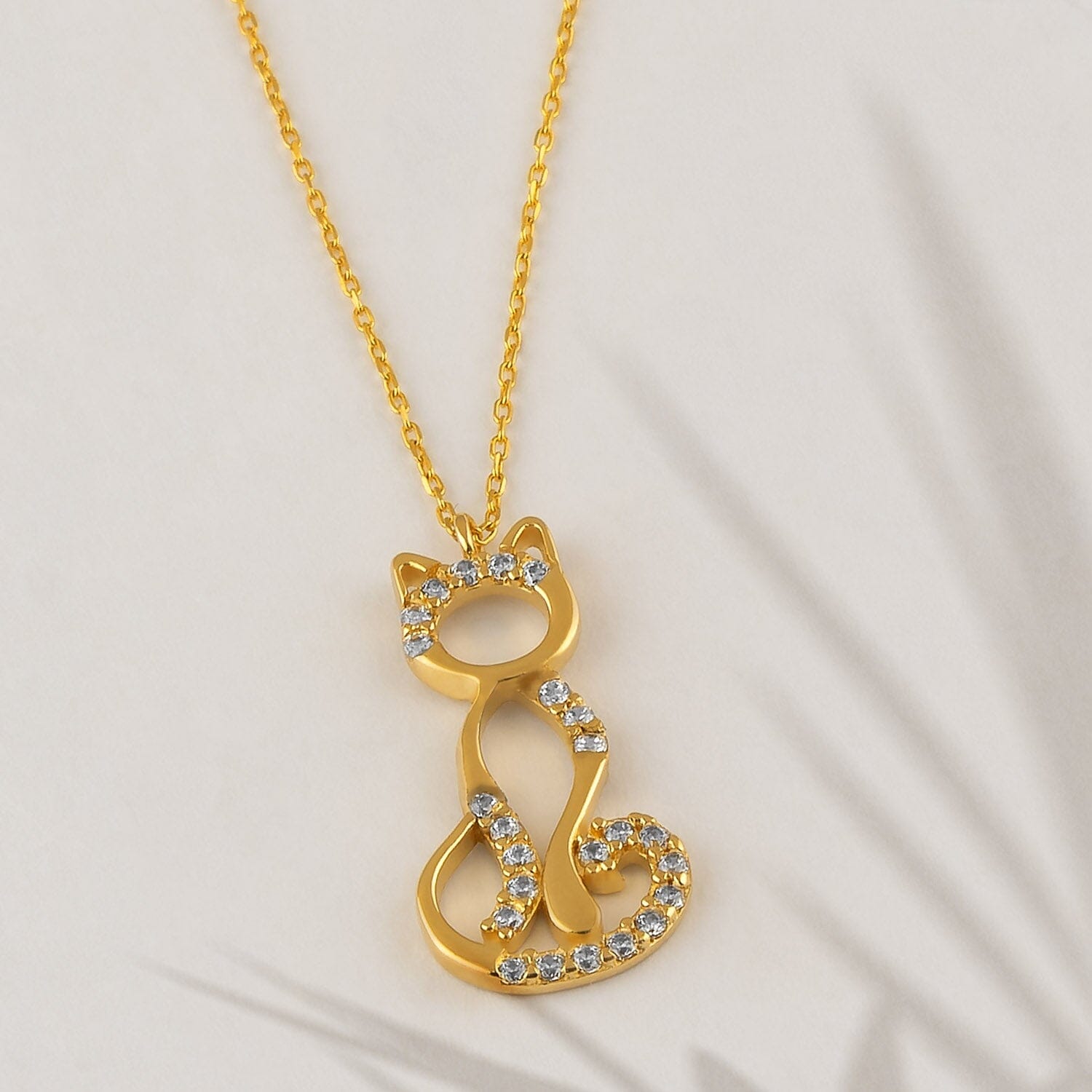 14k Solid Gold CZ Cat Pendant Necklace - JCarat