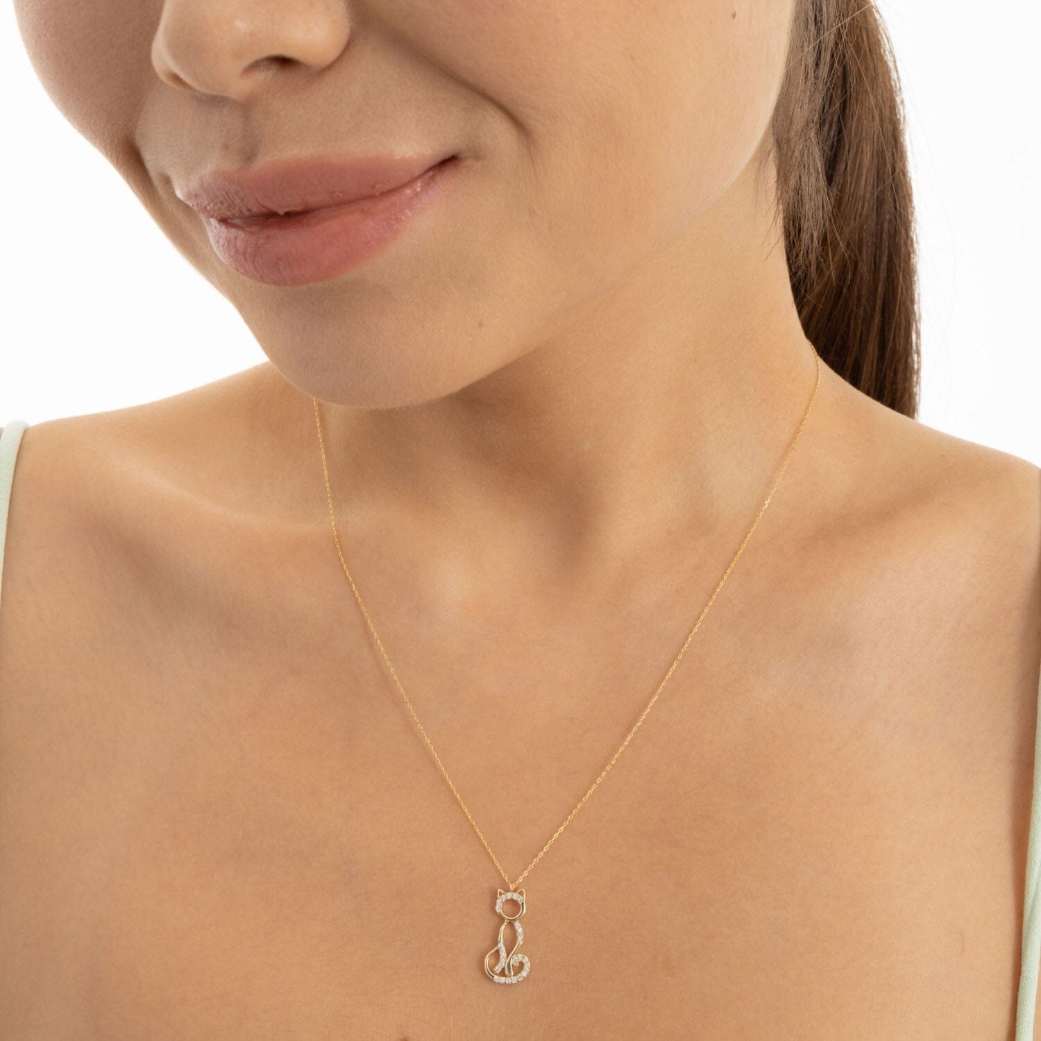 14k Solid Gold CZ Cat Pendant Necklace - JCarat