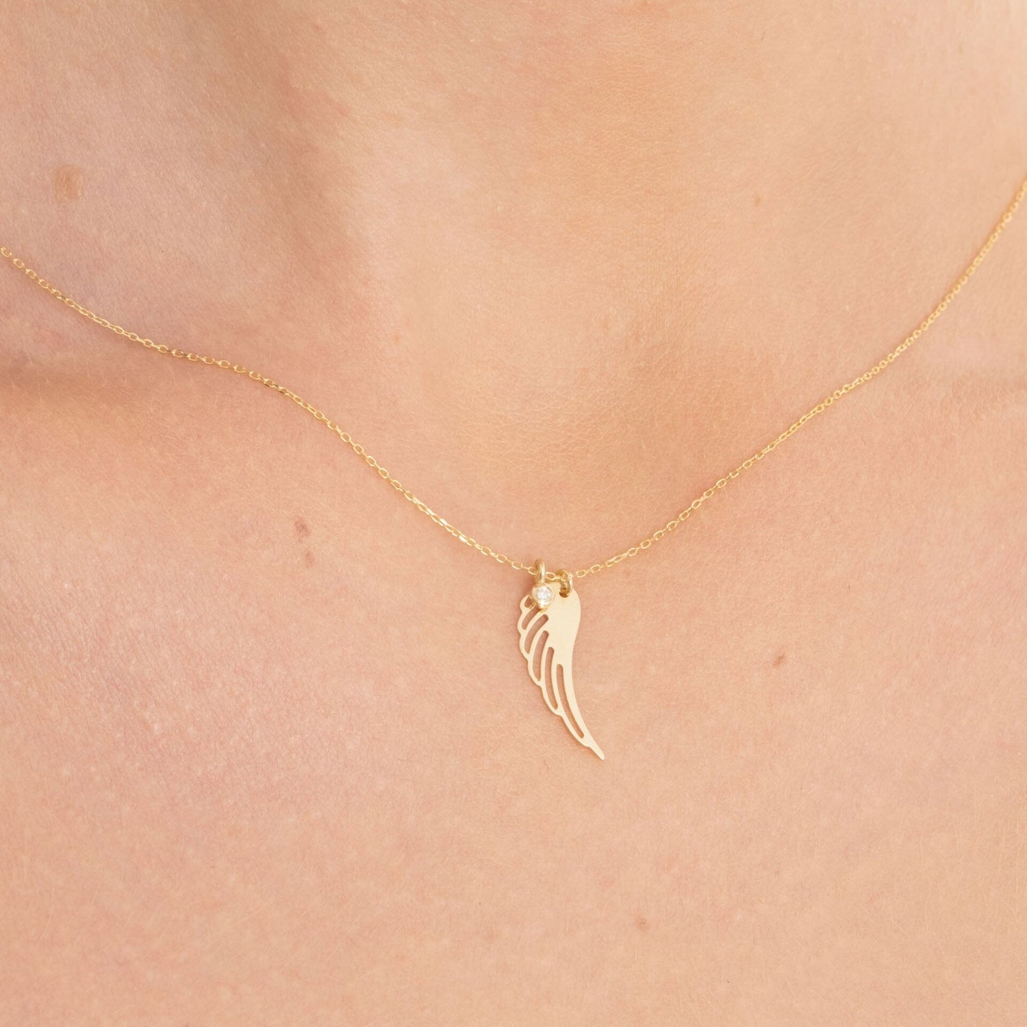 14k Solid Gold Diamond Angel Wing Pendant Necklace - JCarat