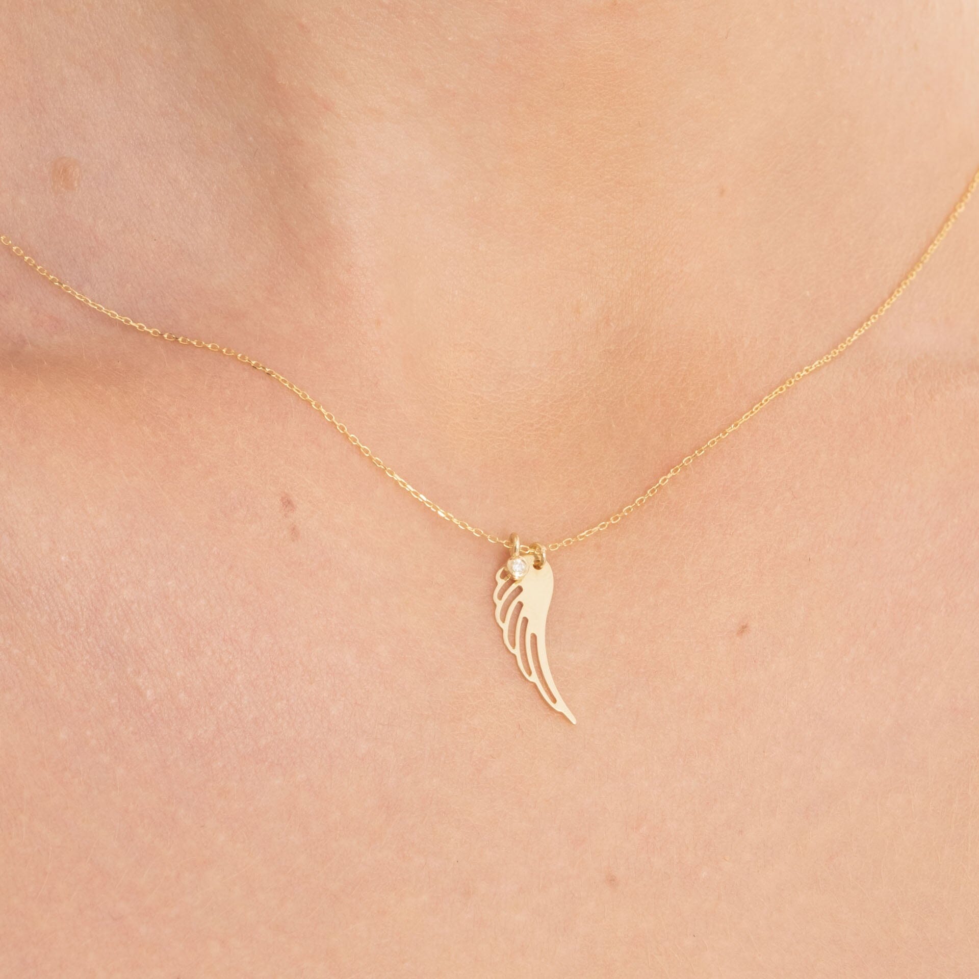 14k Solid Gold Diamond Angel Wing Pendant Necklace - JCarat