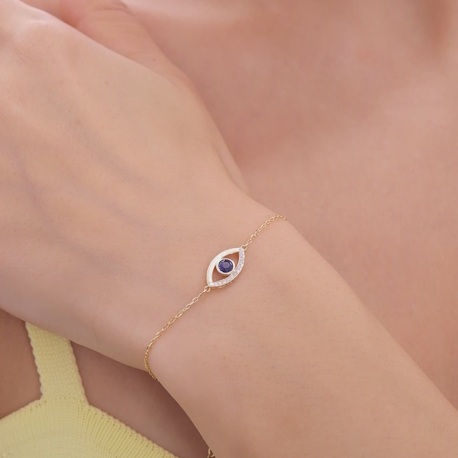 14k Solid Gold Sapphire Evil Eye Bracelet with Diamond