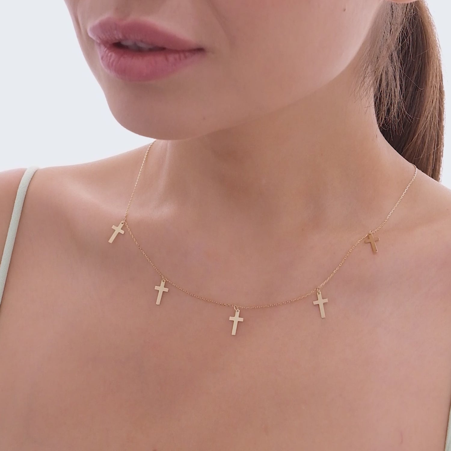 14k Solid Gold Cross Choker Station Pendant Necklace