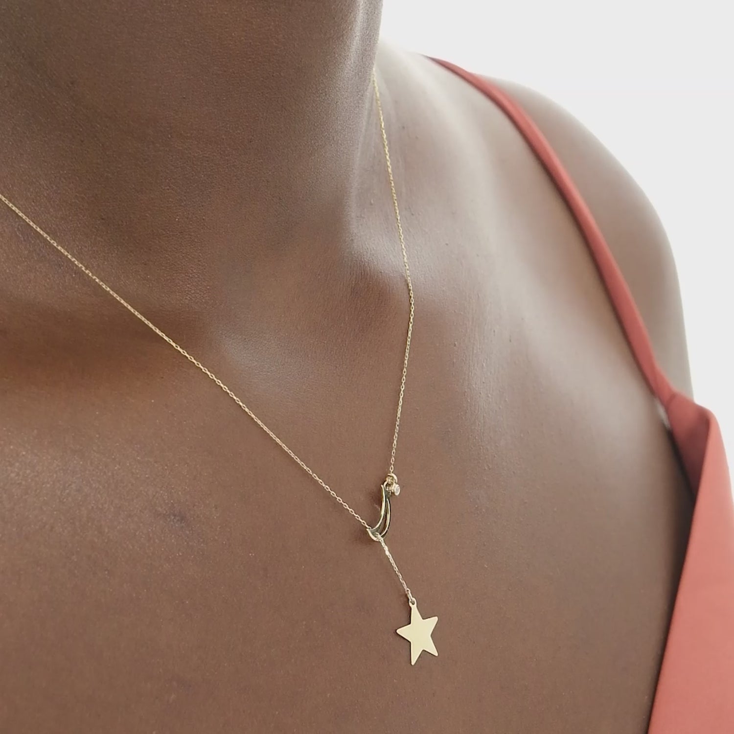 Diamond Moon-Star Y-Necklace in 14k Solid Gold