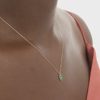 Collar de trébol verde en oro sólido de 14 k