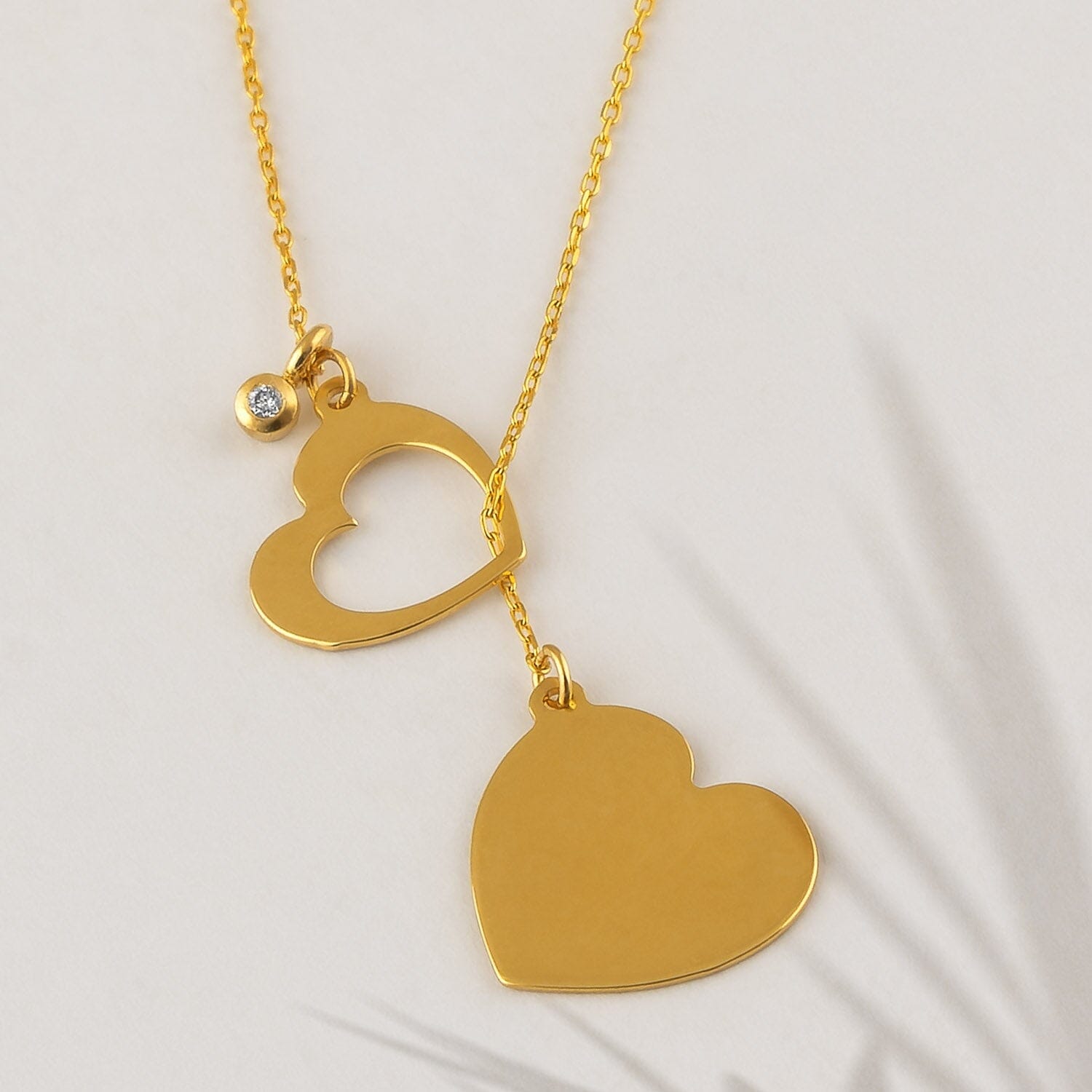 Diamond Double Heart Y-Necklace in 14k Solid Gold - JCarat