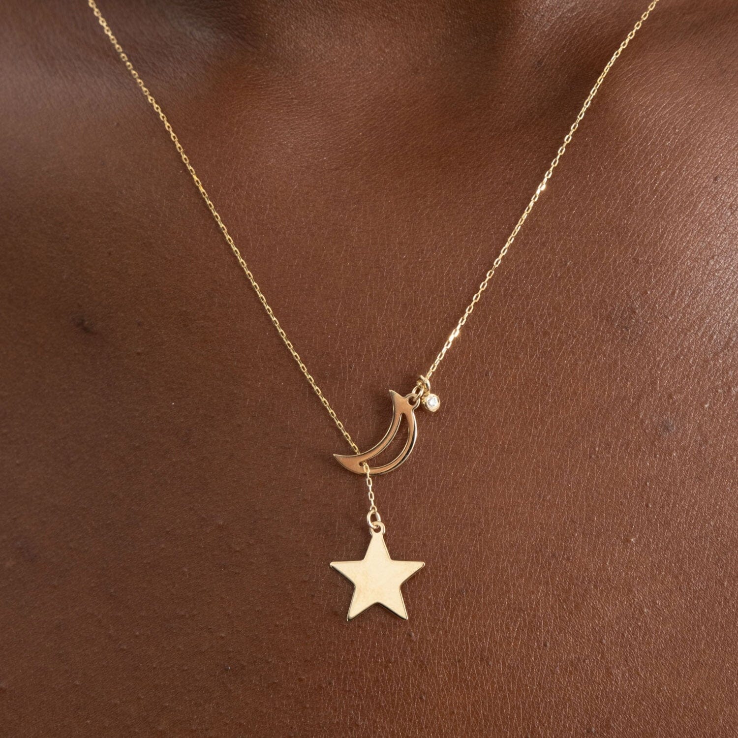 Diamond Moon-Star Y-Necklace in 14k Solid Gold - JCarat