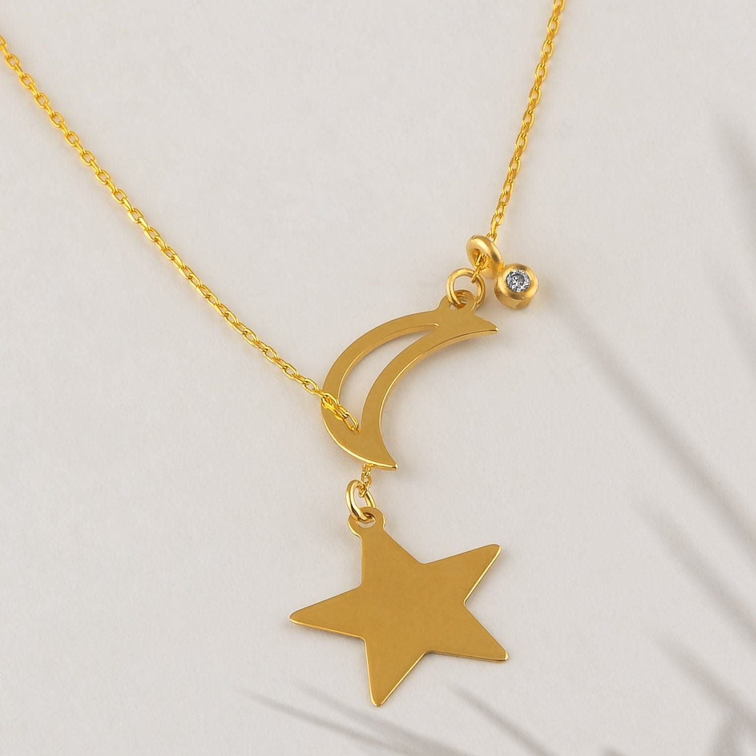 Diamond Moon-Star Y-Necklace in 14k Solid Gold - JCarat