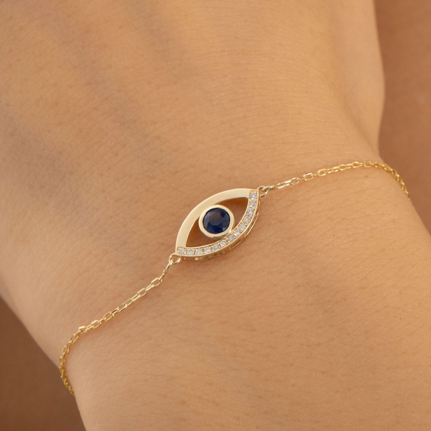 Diamond Sapphire Evil Eye Bracelet in 14k Solid Gold - JCarat