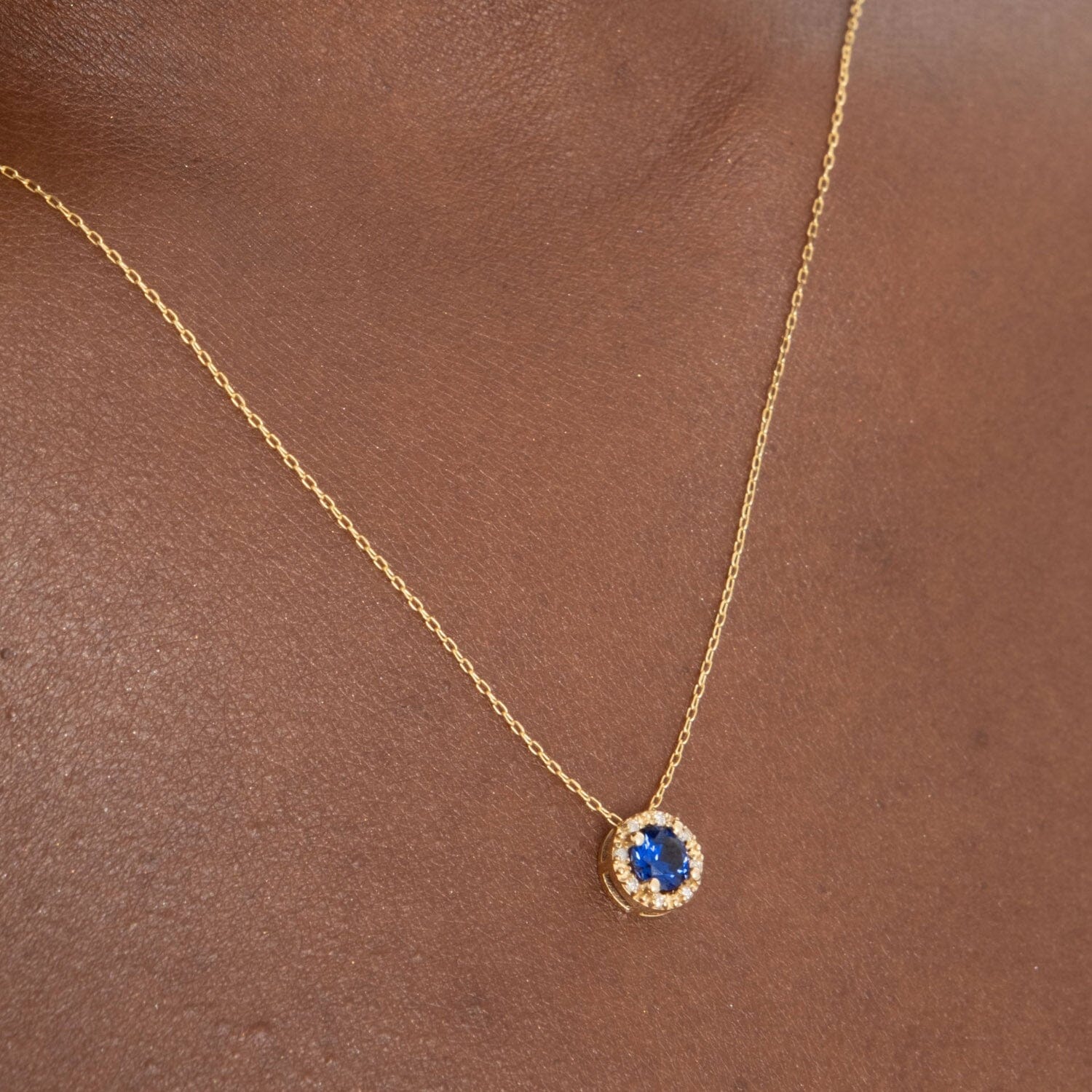 Diamond Sapphire Halo Necklace in 14k Solid Gold - JCarat