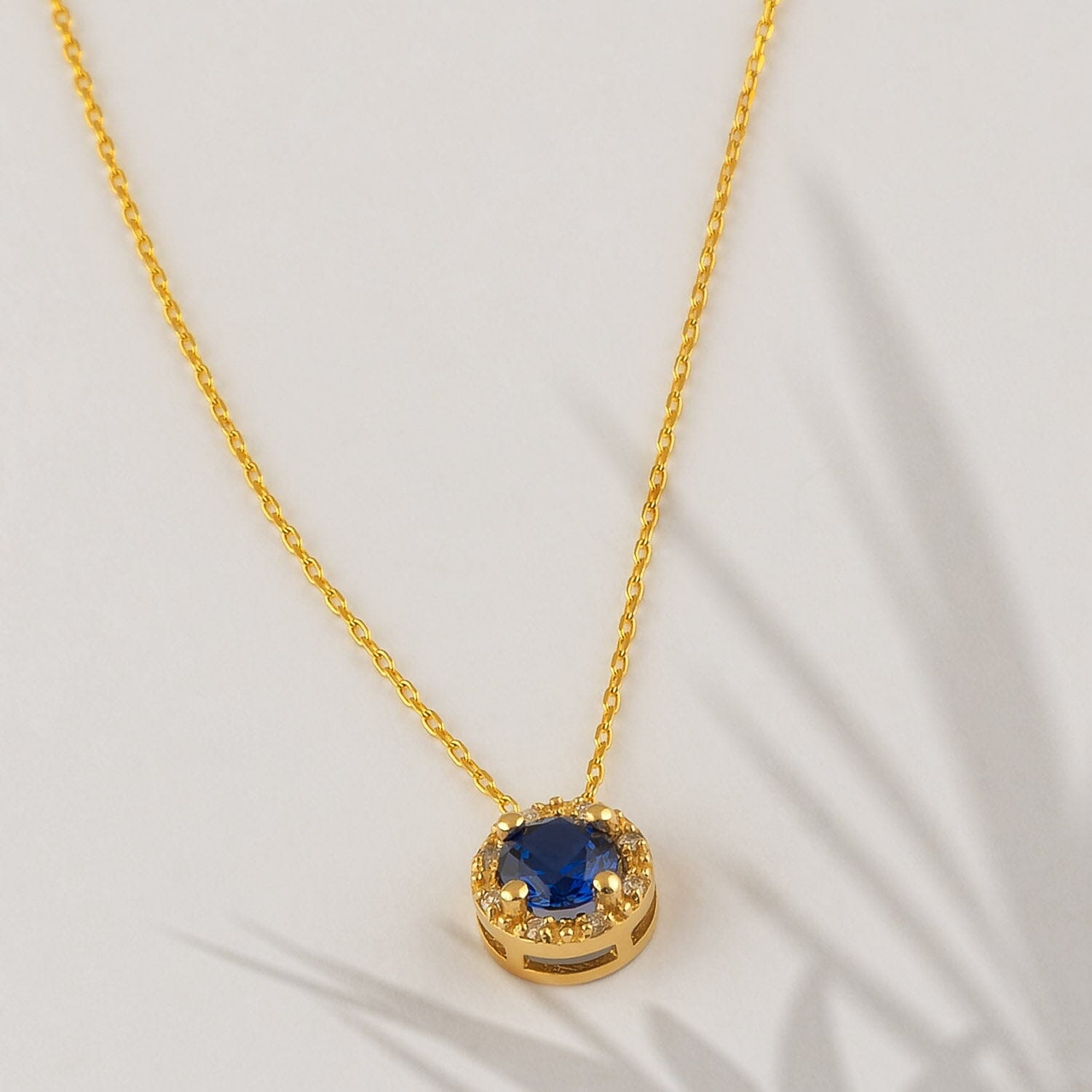 Diamond Sapphire Halo Necklace in 14k Solid Gold - JCarat