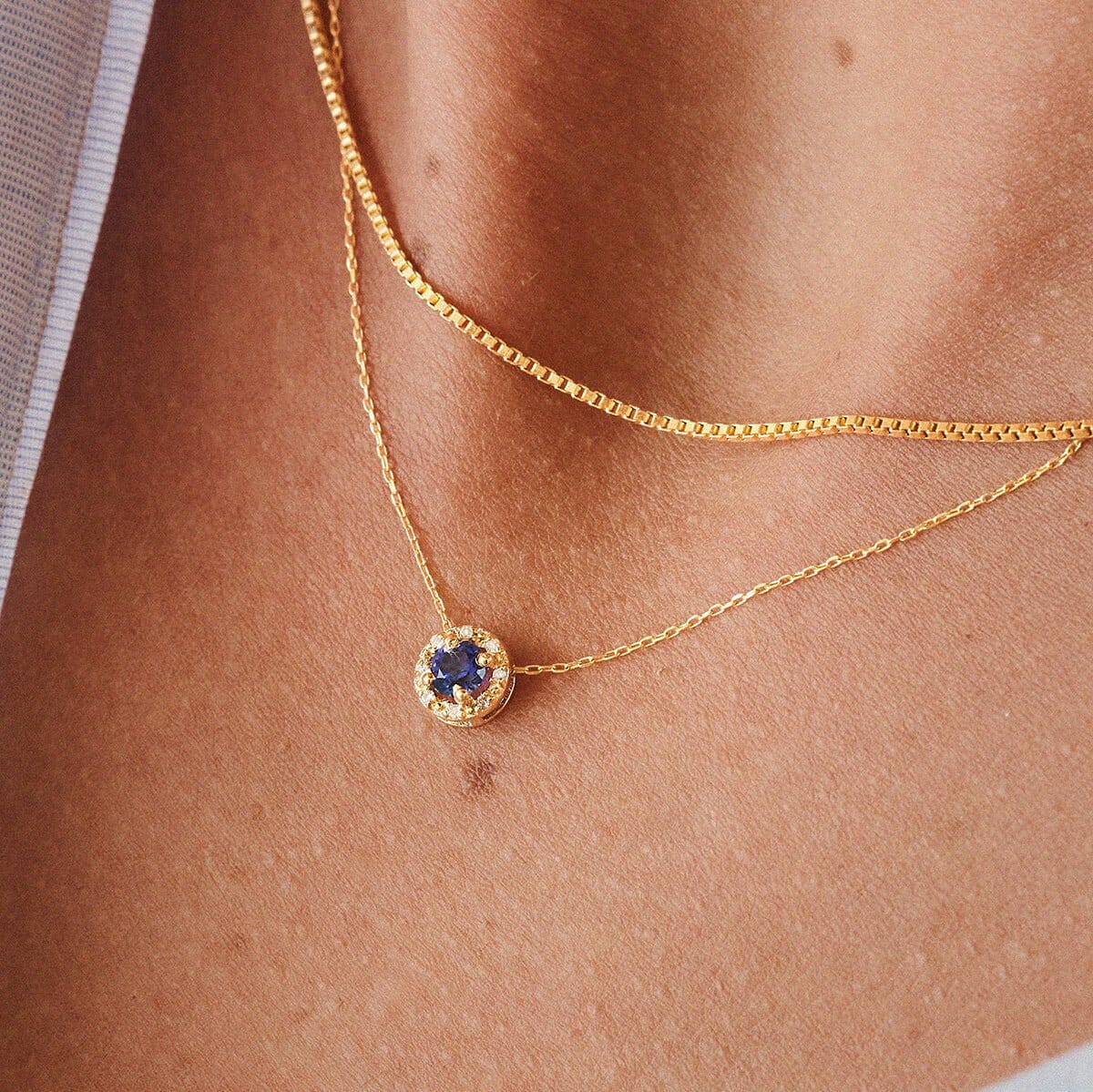 Diamond Sapphire Halo Necklace in 14k Solid Gold - JCarat