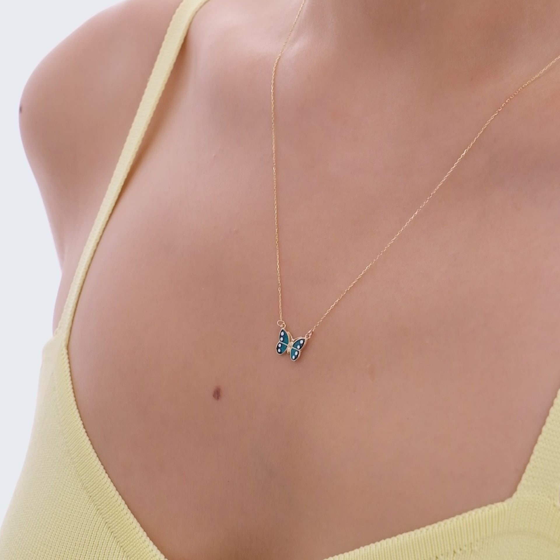 14k Solid Gold Enamel Butterfly Necklace