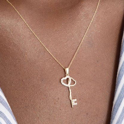 Heart and Key Necklace in 14k Solid Gold - JCarat