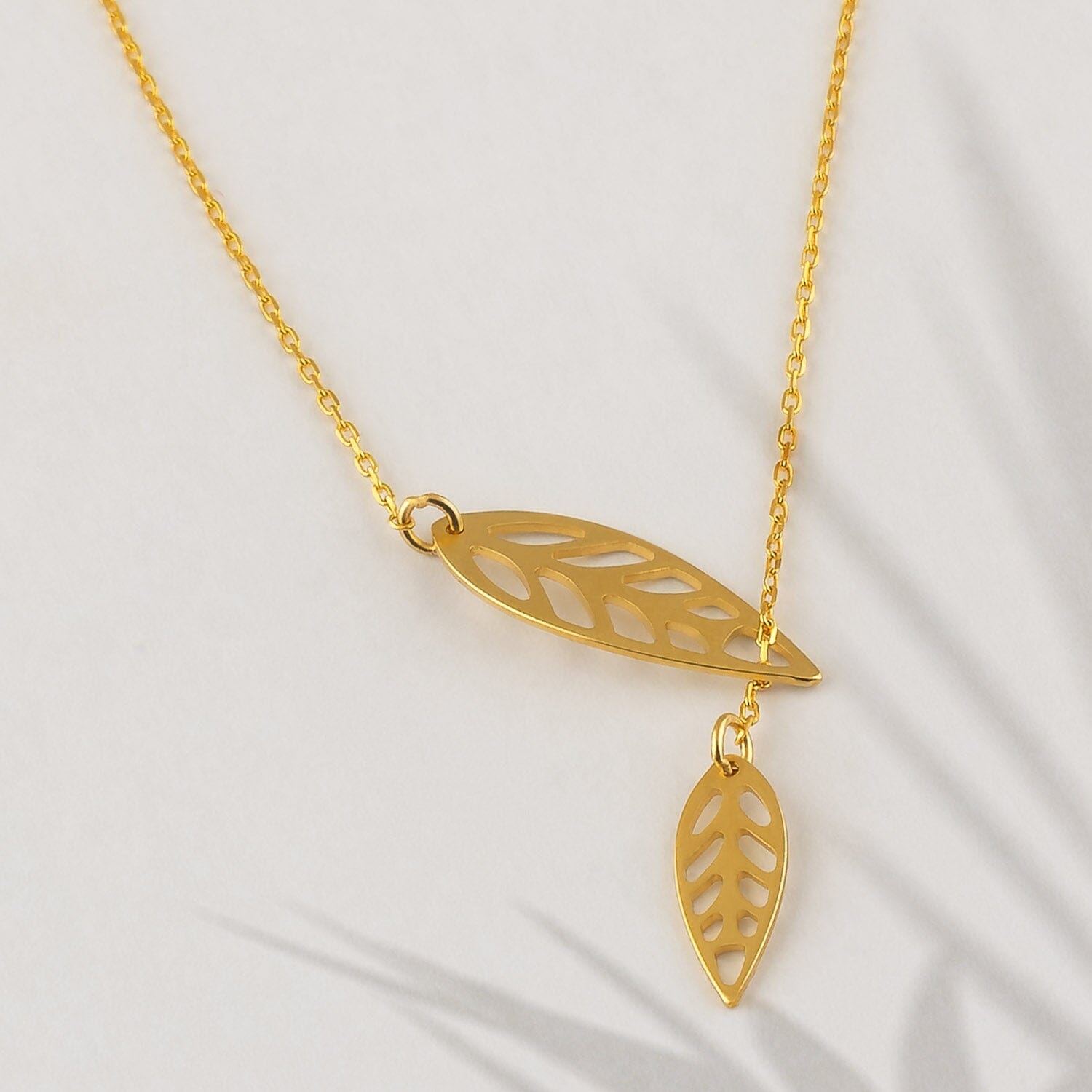 Leaf Y-Necklace in 14k Solid Gold - JCarat