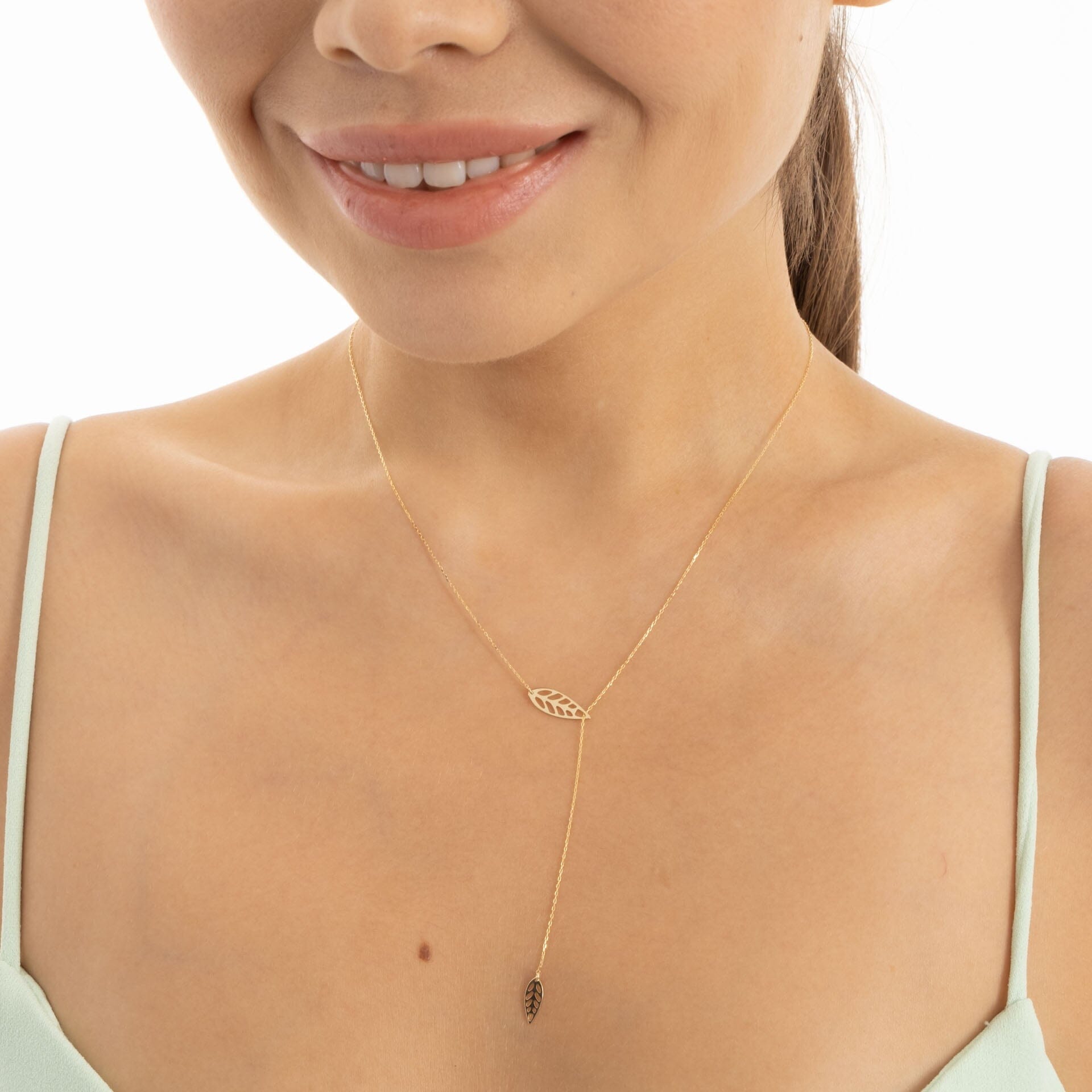 Leaf Y-Necklace in 14k Solid Gold - JCarat